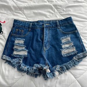 high rise dark wash denim ripped shorts